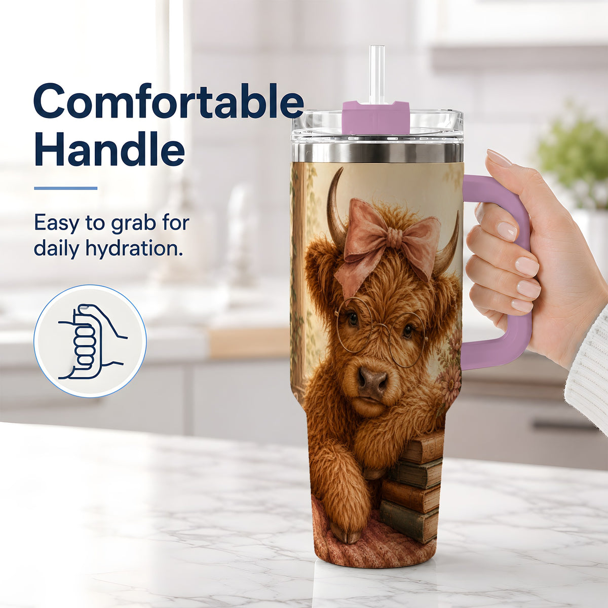 #pl[40oz|Pink] Cozy Highland Cow 40oz Tumbler, Bookish Floral Farm Animal Design