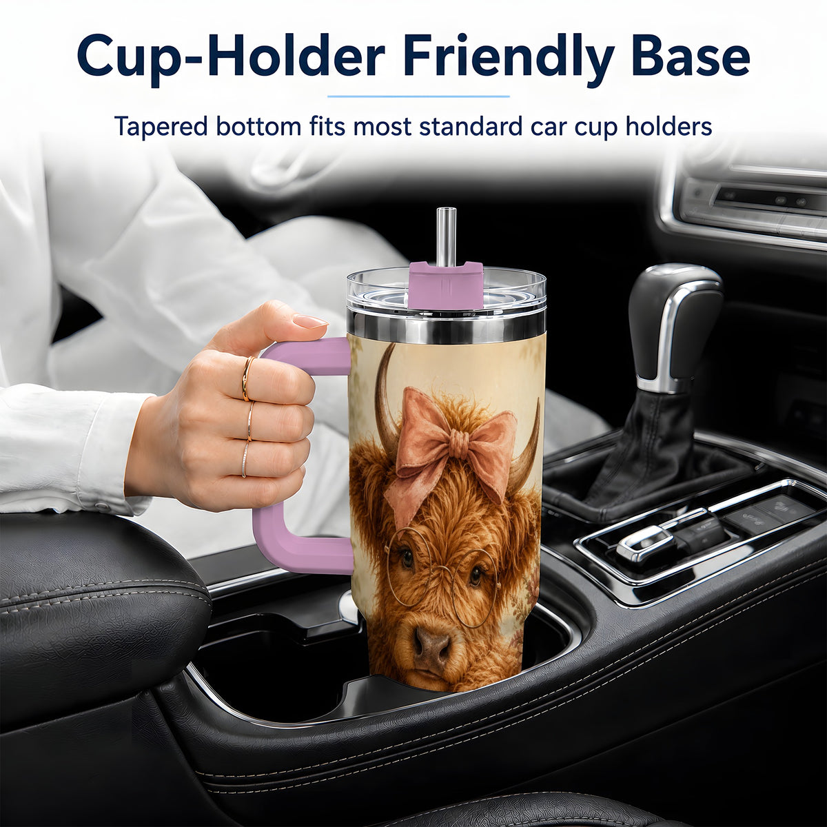 #pl[40oz|Pink] Cozy Highland Cow 40oz Tumbler, Bookish Floral Farm Animal Design