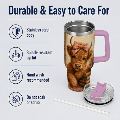 #pl[40oz|Pink] Cozy Highland Cow 40oz Tumbler, Bookish Floral Farm Animal Design