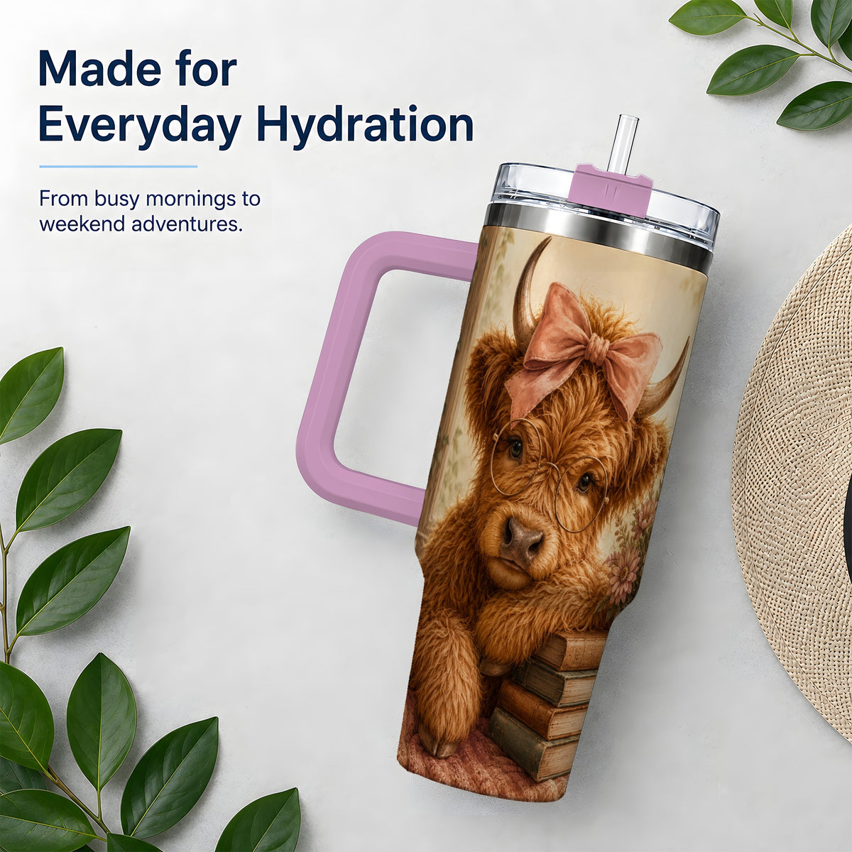 #pl[40oz|Pink] Cozy Highland Cow 40oz Tumbler, Bookish Floral Farm Animal Design