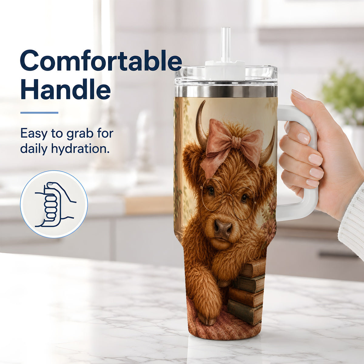 #pl[40oz|White] Cozy Highland Cow 40oz Tumbler, Bookish Floral Farm Animal Design