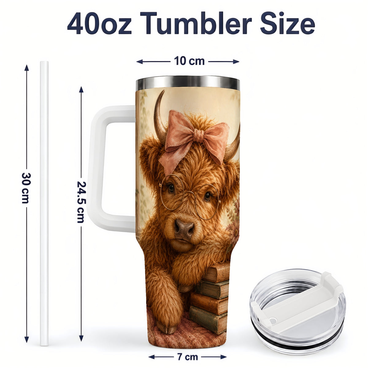 #pl[40oz|White] Cozy Highland Cow 40oz Tumbler, Bookish Floral Farm Animal Design