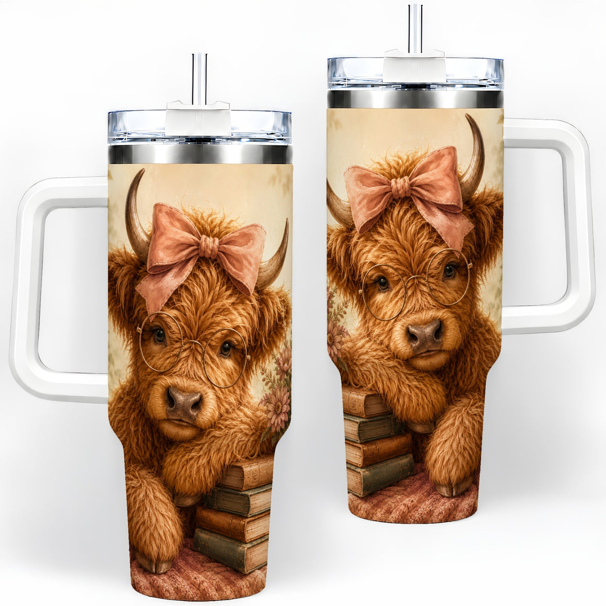 Cozy Highland Cow 40oz Tumbler, Bookish Floral Farm Animal Design