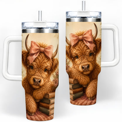 Cozy Highland Cow 40oz Tumbler, Bookish Floral Farm Animal Design