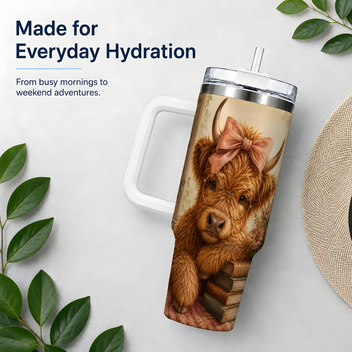#pl[40oz|White] Cozy Highland Cow 40oz Tumbler, Bookish Floral Farm Animal Design