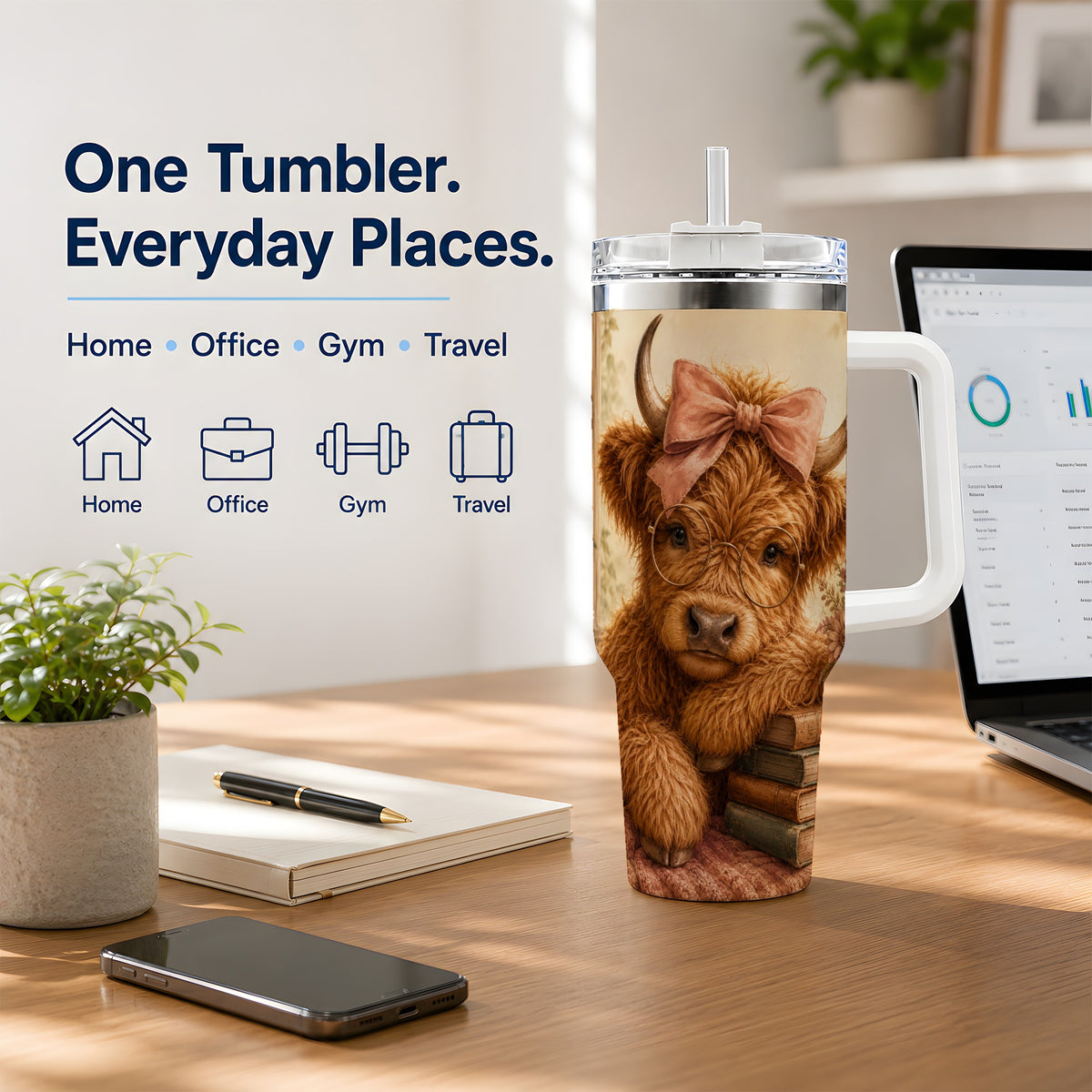 #pl[40oz|White] Cozy Highland Cow 40oz Tumbler, Bookish Floral Farm Animal Design