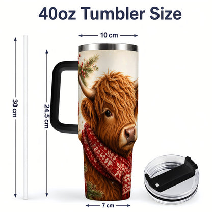 #pl[40oz|Black] Christmas Highland Cow 40oz Tumbler, Red Scarf Holiday Farm Animal