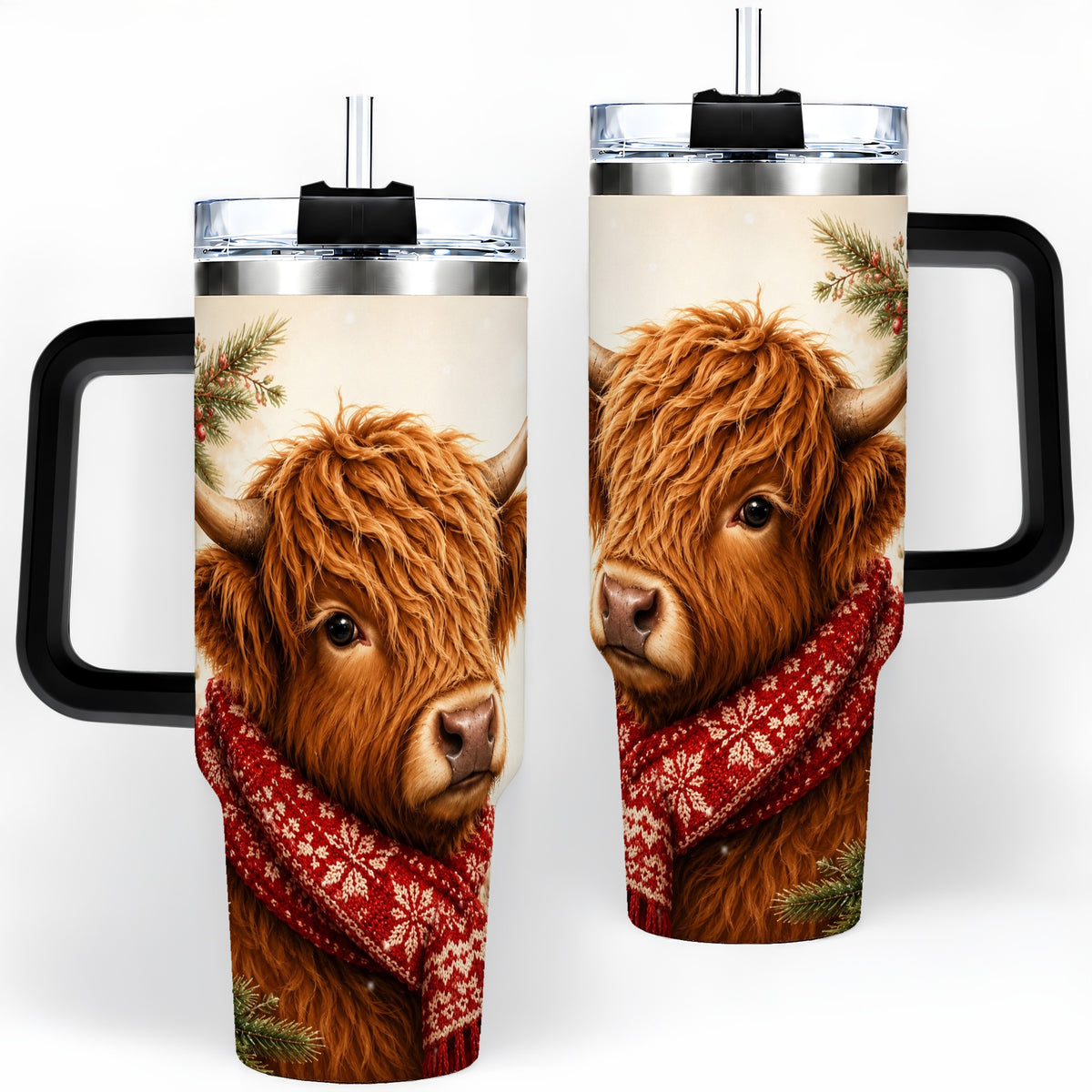 #pl[40oz|Black] Christmas Highland Cow 40oz Tumbler, Red Scarf Holiday Farm Animal