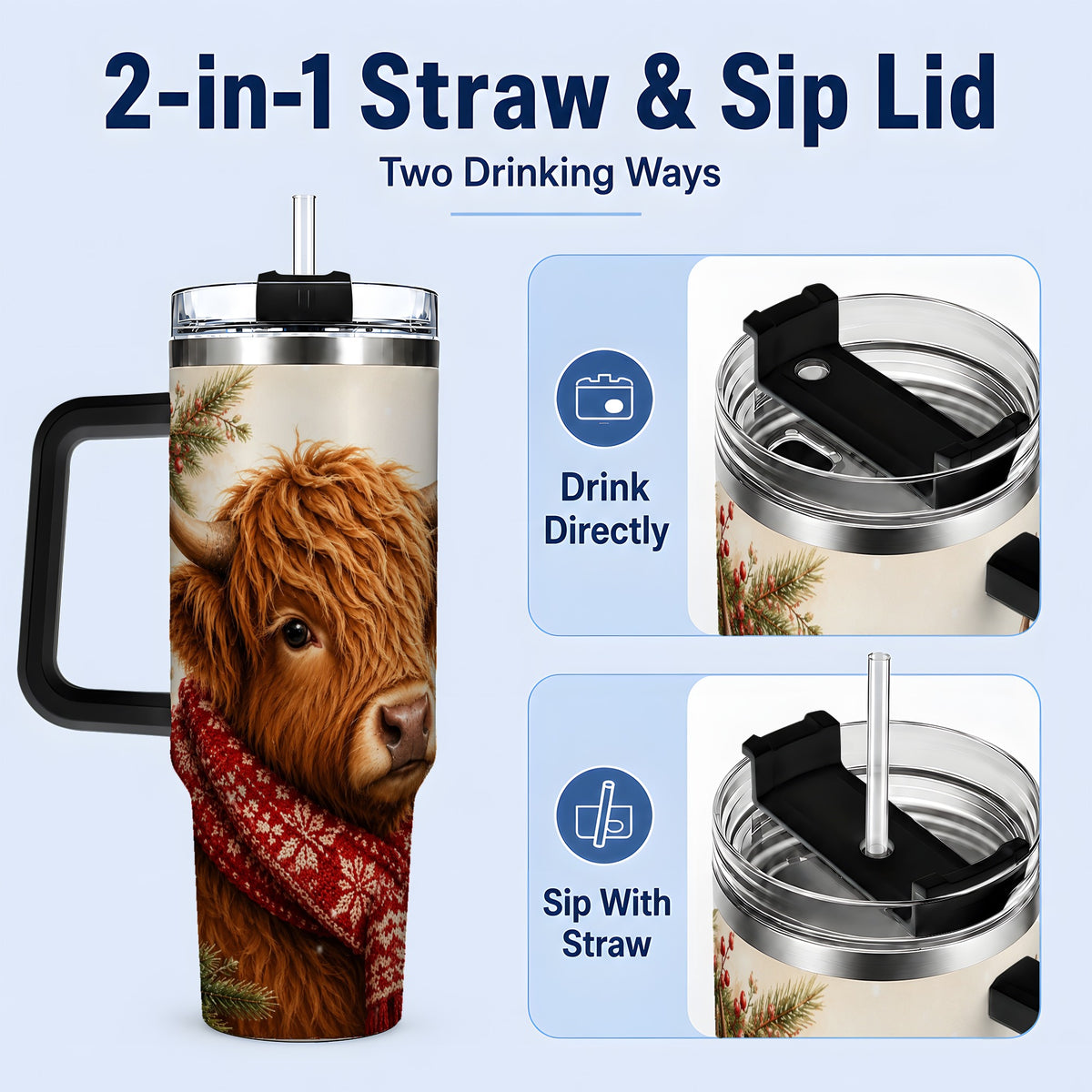 #pl[40oz|Black] Christmas Highland Cow 40oz Tumbler, Red Scarf Holiday Farm Animal