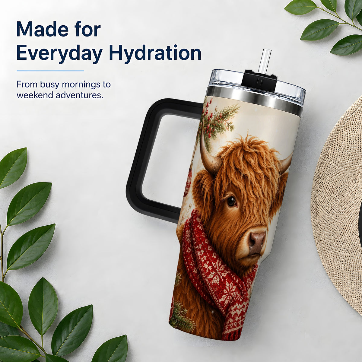 #pl[40oz|Black] Christmas Highland Cow 40oz Tumbler, Red Scarf Holiday Farm Animal