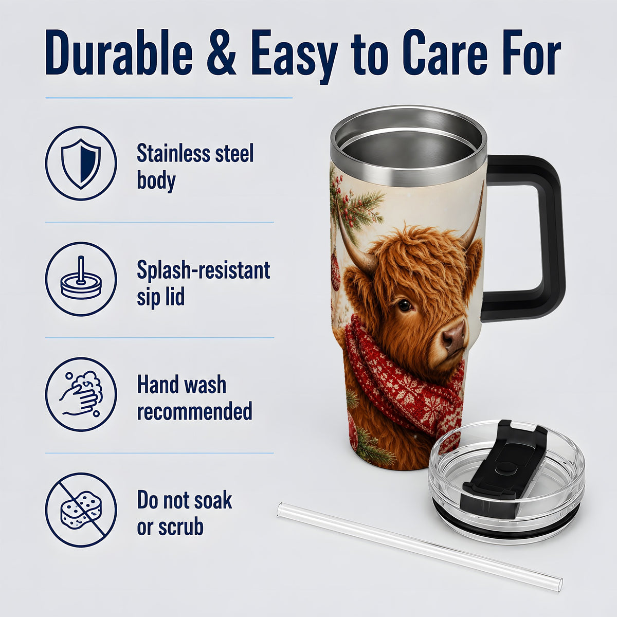 #pl[40oz|Black] Christmas Highland Cow 40oz Tumbler, Red Scarf Holiday Farm Animal