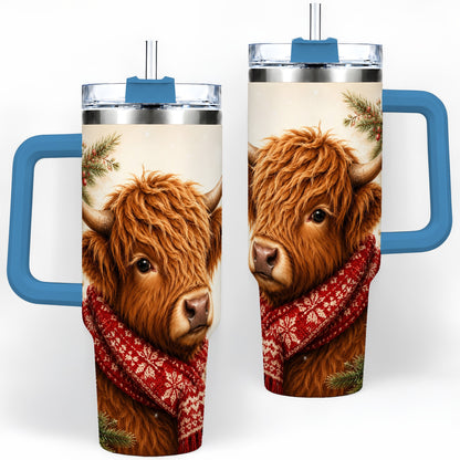#pl[40oz|Blue] Christmas Highland Cow 40oz Tumbler, Red Scarf Holiday Farm Animal