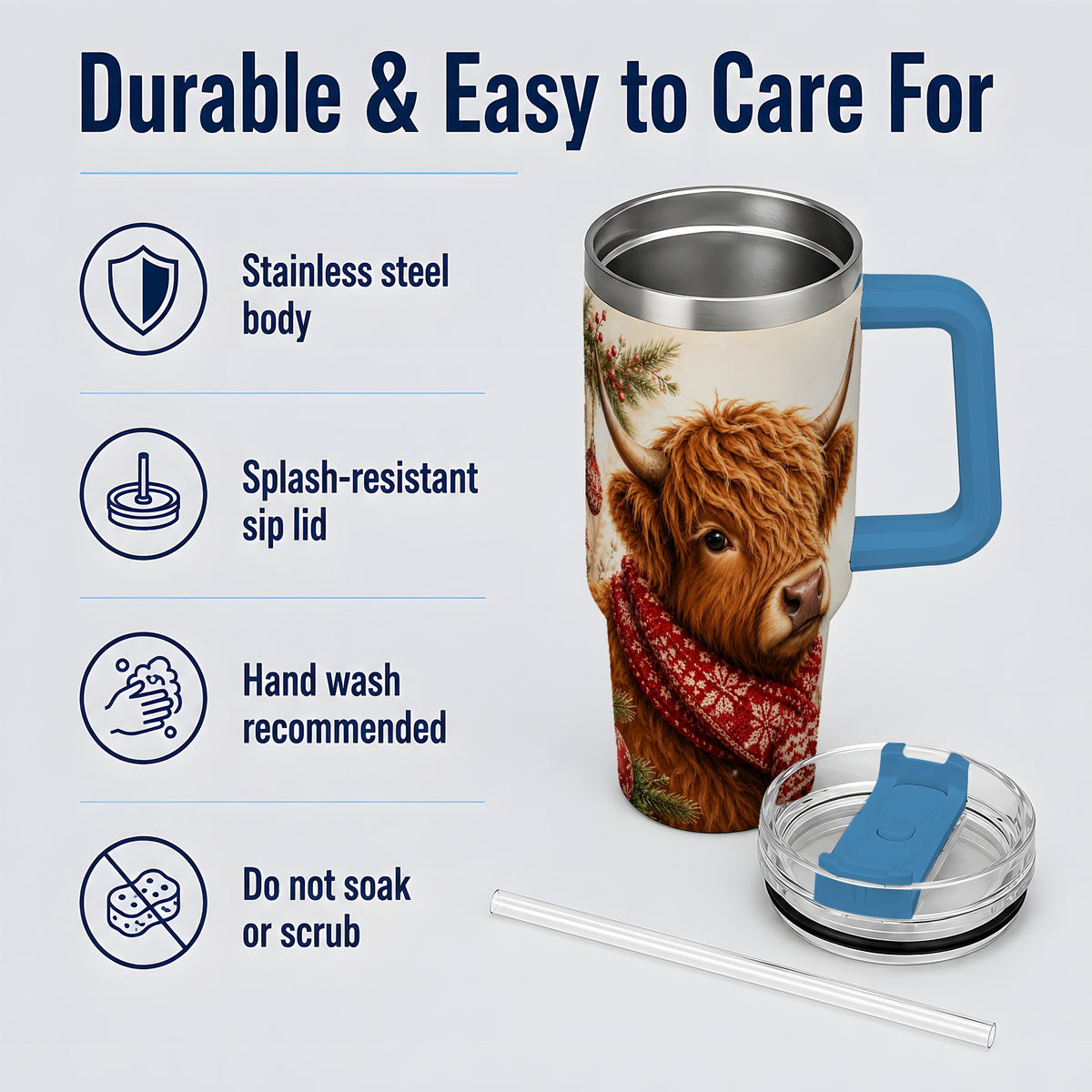 #pl[40oz|Blue] Christmas Highland Cow 40oz Tumbler, Red Scarf Holiday Farm Animal