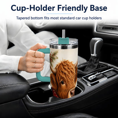 #pl[40oz|Green] Christmas Highland Cow 40oz Tumbler, Red Scarf Holiday Farm Animal