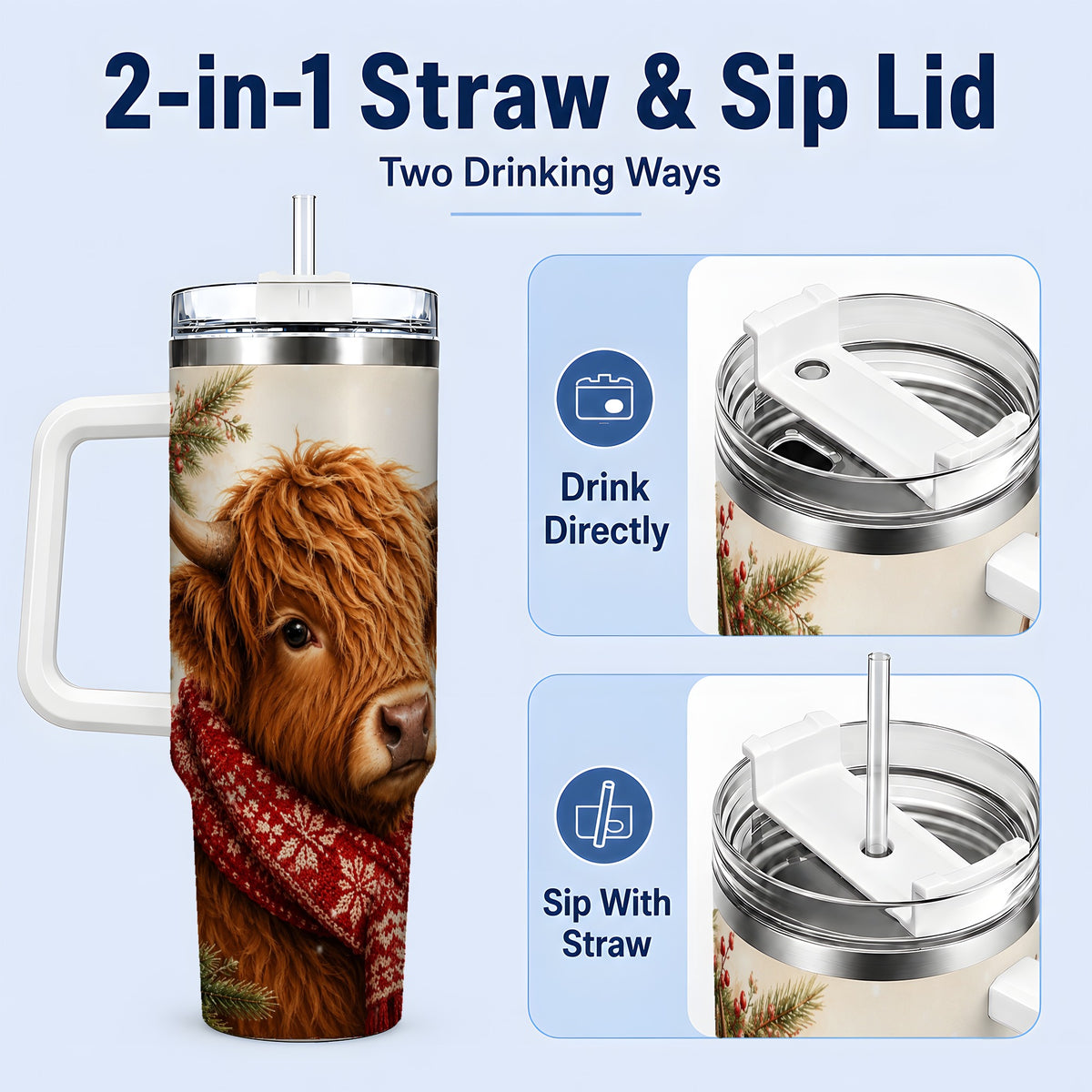 #pl[40oz|White] Christmas Highland Cow 40oz Tumbler, Red Scarf Holiday Farm Animal