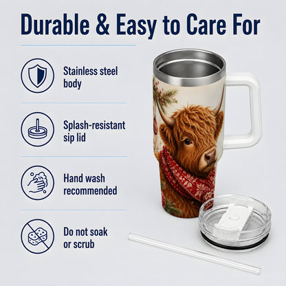 #pl[40oz|White] Christmas Highland Cow 40oz Tumbler, Red Scarf Holiday Farm Animal