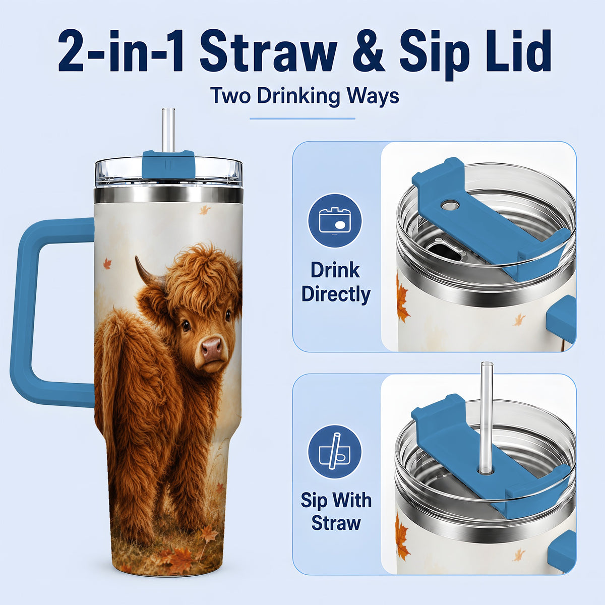 #pl[40oz|Blue] Fall Highland Cow 40oz Tumbler, Pumpkin Farm Animal Autumn Artwork
