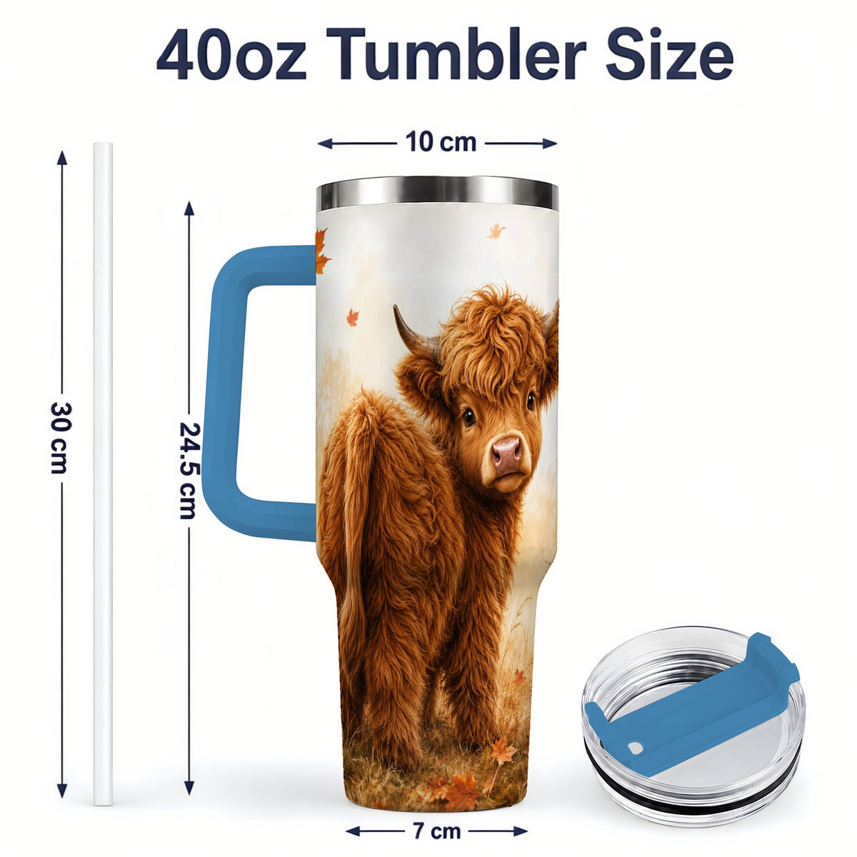 #pl[40oz|Blue] Fall Highland Cow 40oz Tumbler, Pumpkin Farm Animal Autumn Artwork
