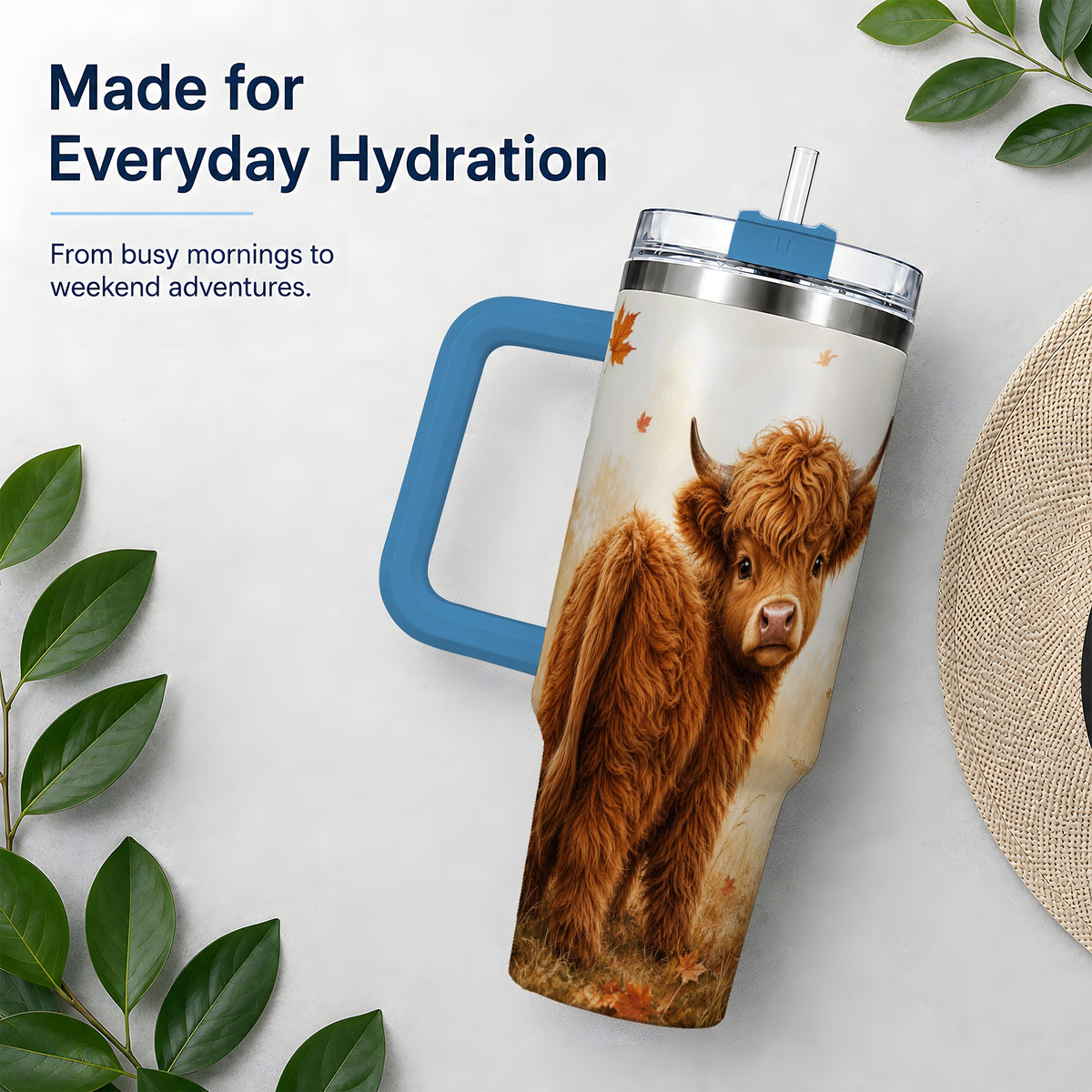 #pl[40oz|Blue] Fall Highland Cow 40oz Tumbler, Pumpkin Farm Animal Autumn Artwork
