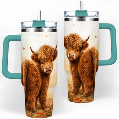 #pl[40oz|Green] Fall Highland Cow 40oz Tumbler, Pumpkin Farm Animal Autumn Artwork