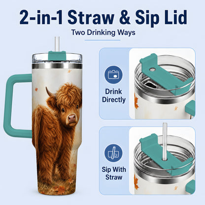 #pl[40oz|Green] Fall Highland Cow 40oz Tumbler, Pumpkin Farm Animal Autumn Artwork