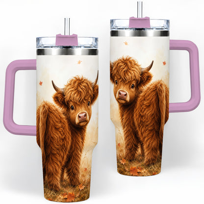 #pl[40oz|Pink] Fall Highland Cow 40oz Tumbler, Pumpkin Farm Animal Autumn Artwork