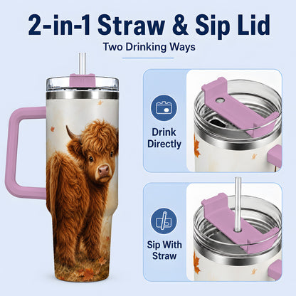 #pl[40oz|Pink] Fall Highland Cow 40oz Tumbler, Pumpkin Farm Animal Autumn Artwork