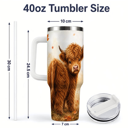 #pl[40oz|White] Fall Highland Cow 40oz Tumbler, Pumpkin Farm Animal Autumn Artwork