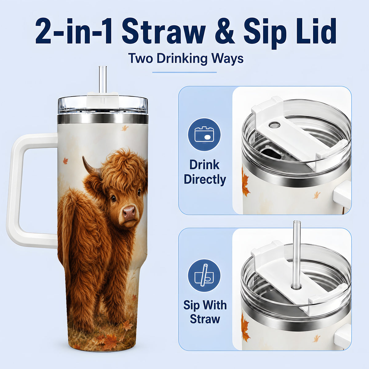 #pl[40oz|White] Fall Highland Cow 40oz Tumbler, Pumpkin Farm Animal Autumn Artwork