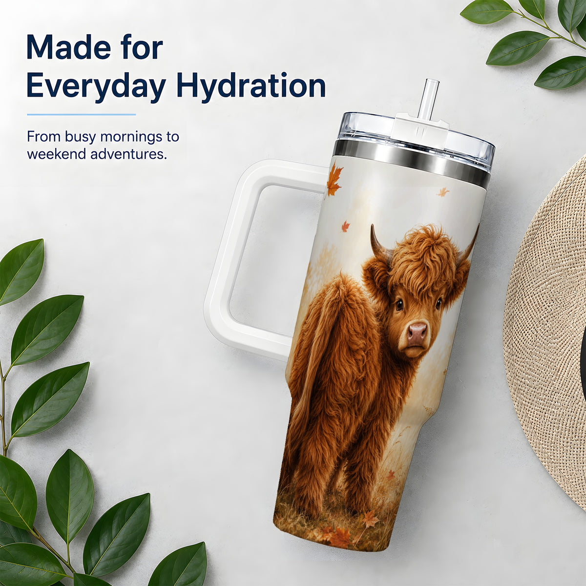 #pl[40oz|White] Fall Highland Cow 40oz Tumbler, Pumpkin Farm Animal Autumn Artwork