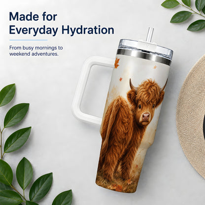 #pl[40oz|White] Fall Highland Cow 40oz Tumbler, Pumpkin Farm Animal Autumn Artwork