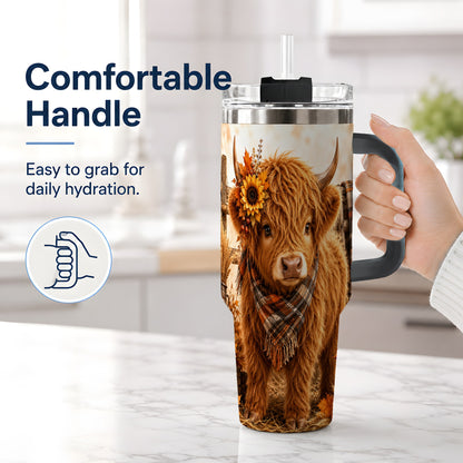 #pl[40oz|Black] Autumn Highland Cow 40oz Tumbler, Plaid Scarf Sunflower Farm Design