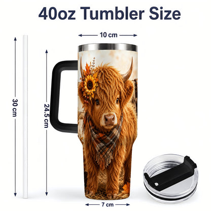 #pl[40oz|Black] Autumn Highland Cow 40oz Tumbler, Plaid Scarf Sunflower Farm Design