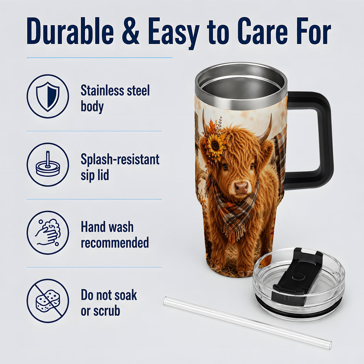 #pl[40oz|Black] Autumn Highland Cow 40oz Tumbler, Plaid Scarf Sunflower Farm Design