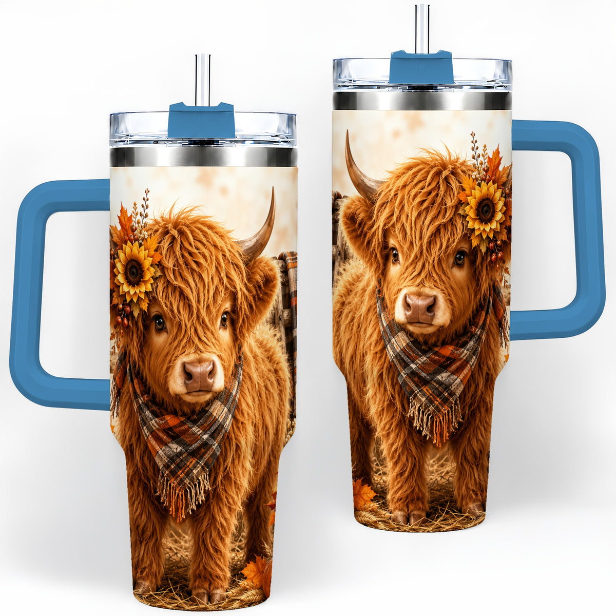 #pl[40oz|Blue] Autumn Highland Cow 40oz Tumbler, Plaid Scarf Sunflower Farm Design