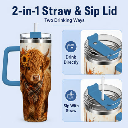#pl[40oz|Blue] Autumn Highland Cow 40oz Tumbler, Plaid Scarf Sunflower Farm Design