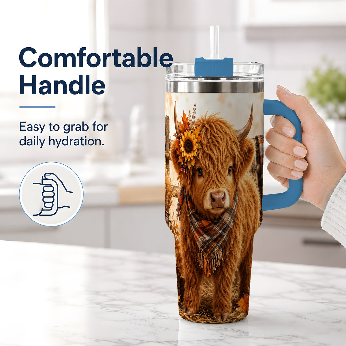 #pl[40oz|Blue] Autumn Highland Cow 40oz Tumbler, Plaid Scarf Sunflower Farm Design