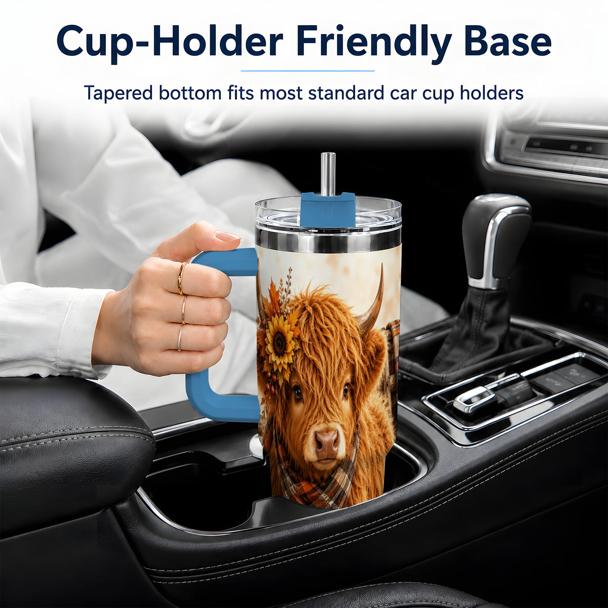 #pl[40oz|Blue] Autumn Highland Cow 40oz Tumbler, Plaid Scarf Sunflower Farm Design