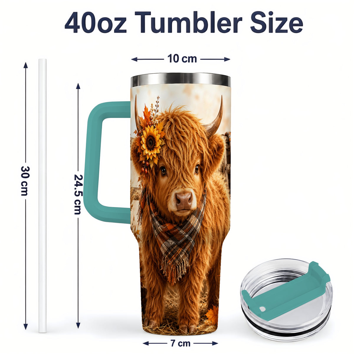 #pl[40oz|Green] Autumn Highland Cow 40oz Tumbler, Plaid Scarf Sunflower Farm Design