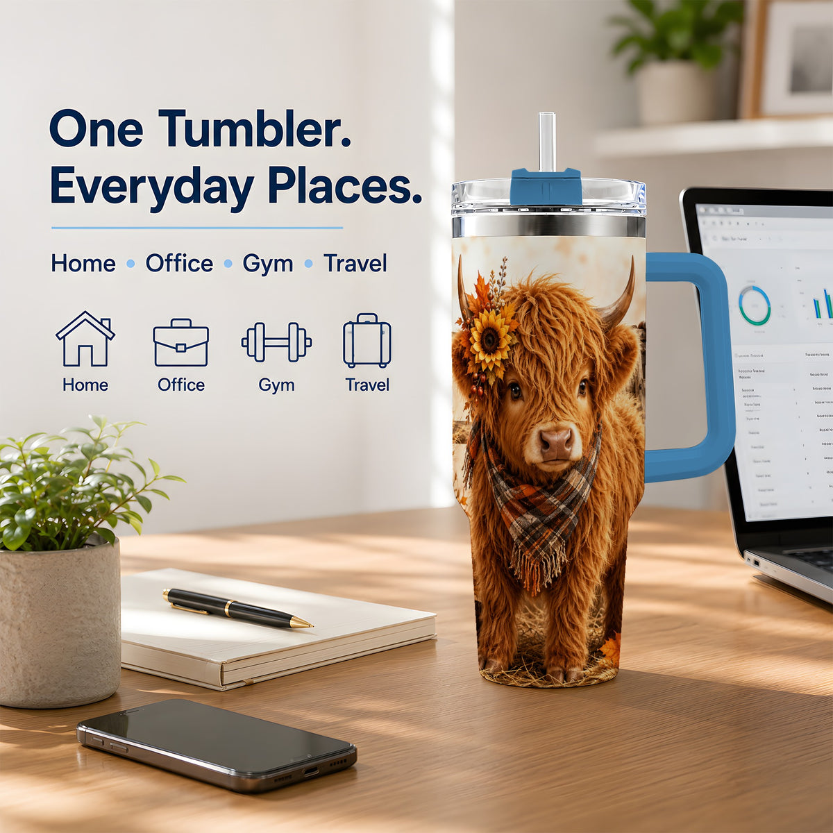 #pl[40oz|Blue] Autumn Highland Cow 40oz Tumbler, Plaid Scarf Sunflower Farm Design