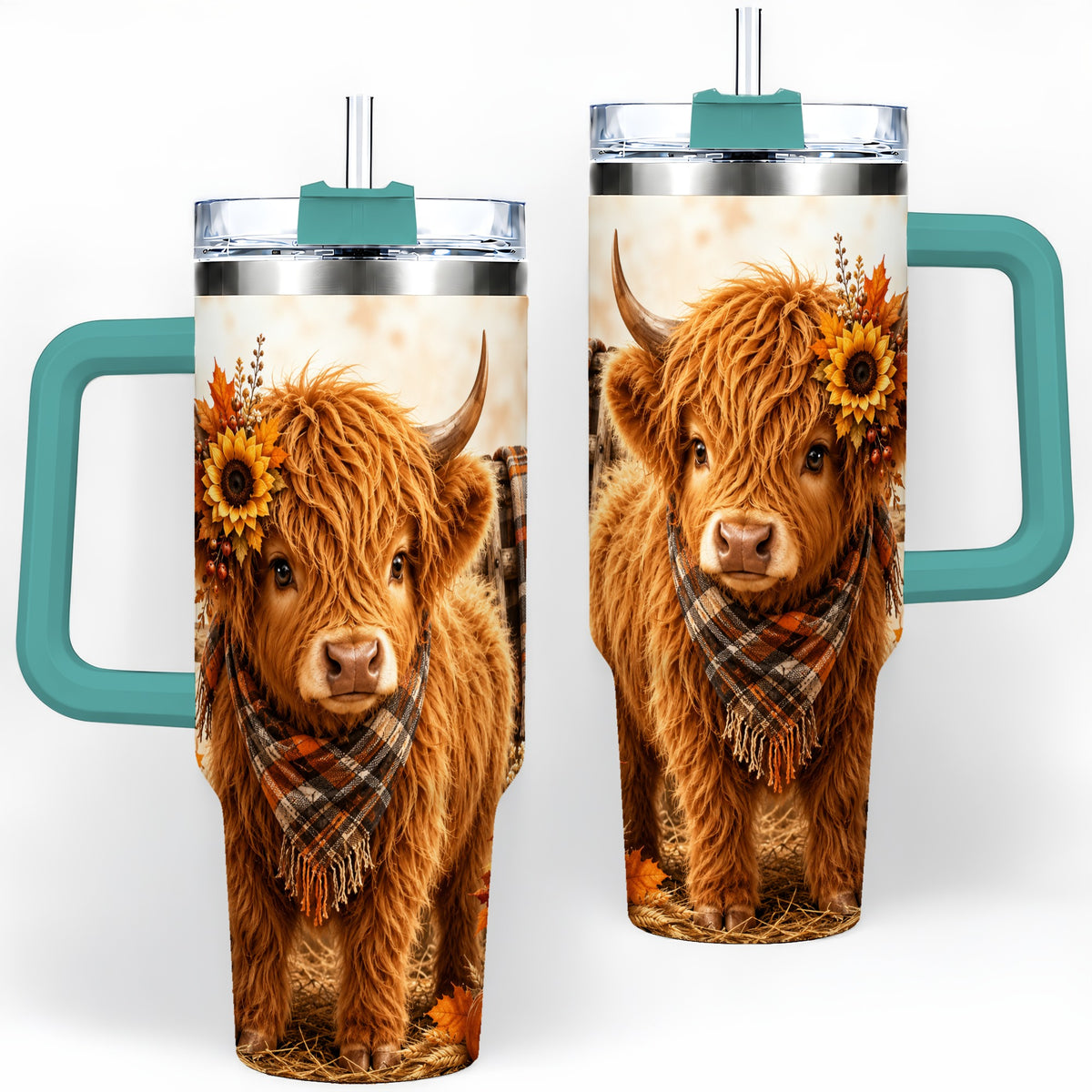 #pl[40oz|Green] Autumn Highland Cow 40oz Tumbler, Plaid Scarf Sunflower Farm Design