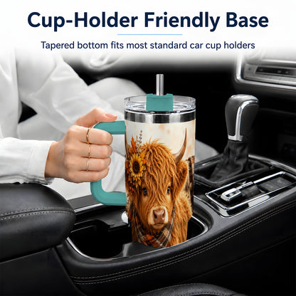 #pl[40oz|Green] Autumn Highland Cow 40oz Tumbler, Plaid Scarf Sunflower Farm Design