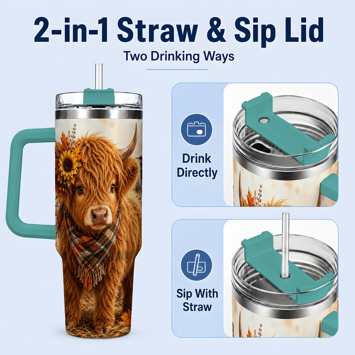 #pl[40oz|Green] Autumn Highland Cow 40oz Tumbler, Plaid Scarf Sunflower Farm Design