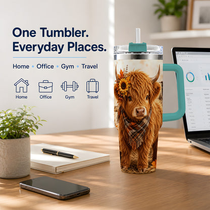 #pl[40oz|Green] Autumn Highland Cow 40oz Tumbler, Plaid Scarf Sunflower Farm Design