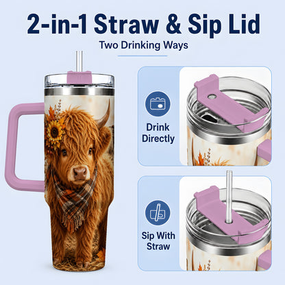 #pl[40oz|Pink] Autumn Highland Cow 40oz Tumbler, Plaid Scarf Sunflower Farm Design