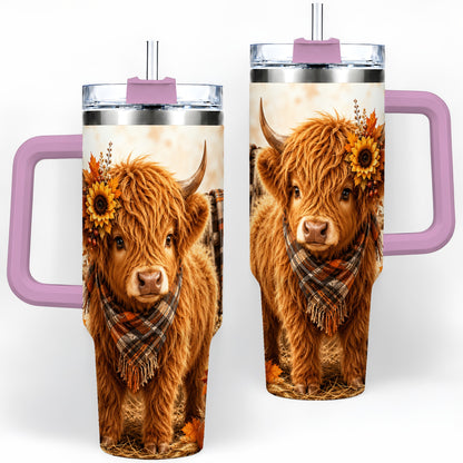 #pl[40oz|Pink] Autumn Highland Cow 40oz Tumbler, Plaid Scarf Sunflower Farm Design