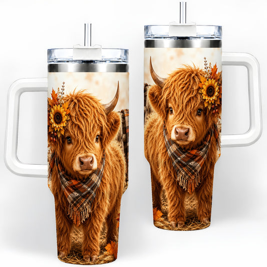 Autumn Highland Cow 40oz Tumbler, Plaid Scarf Sunflower Farm Design