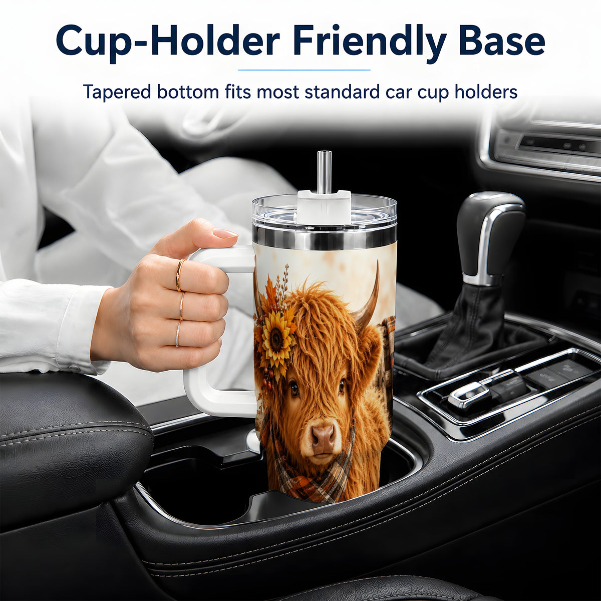 #pl[40oz|White] Autumn Highland Cow 40oz Tumbler, Plaid Scarf Sunflower Farm Design