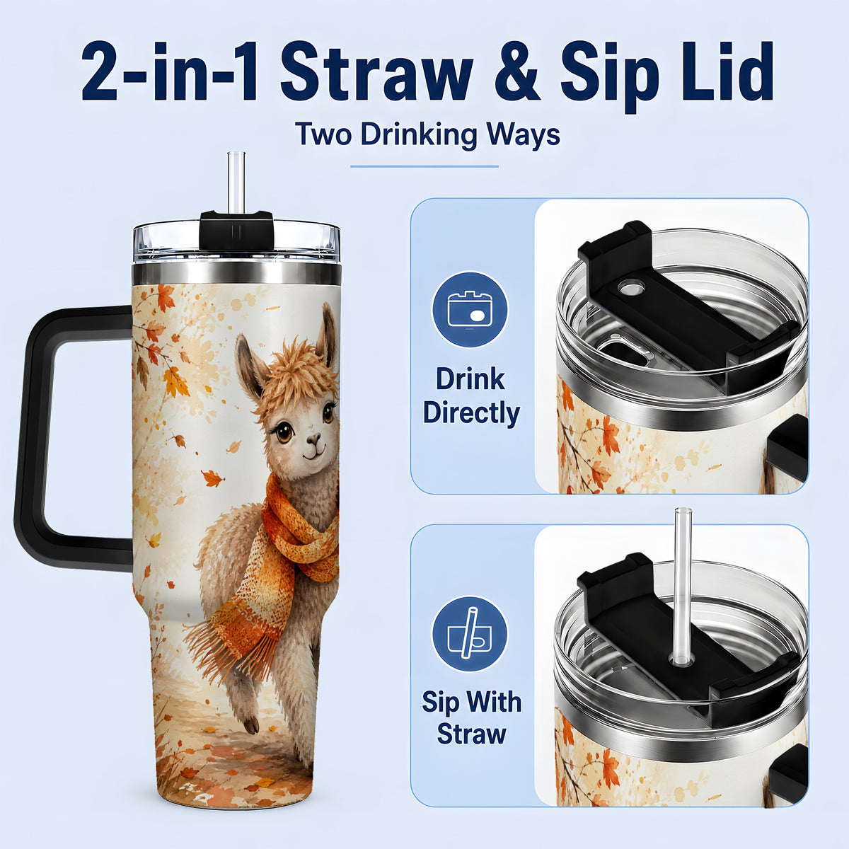 #pl[40oz|Black] Autumn Alpaca Watercolor 40oz Tumbler, Fall Woodland Animal Artwork