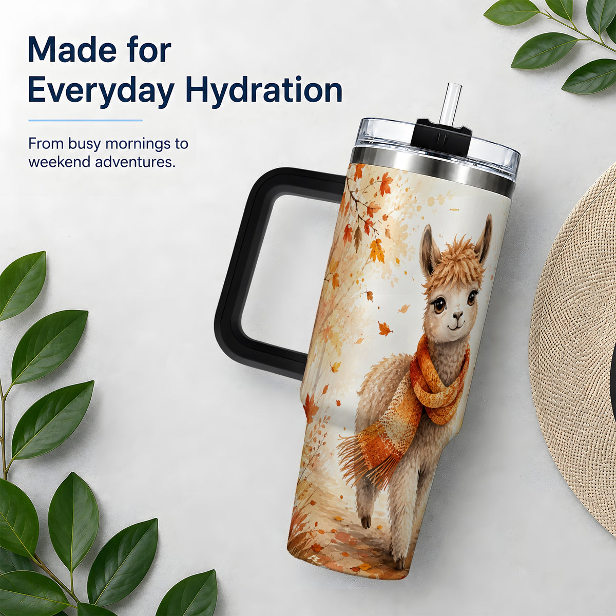 #pl[40oz|Black] Autumn Alpaca Watercolor 40oz Tumbler, Fall Woodland Animal Artwork